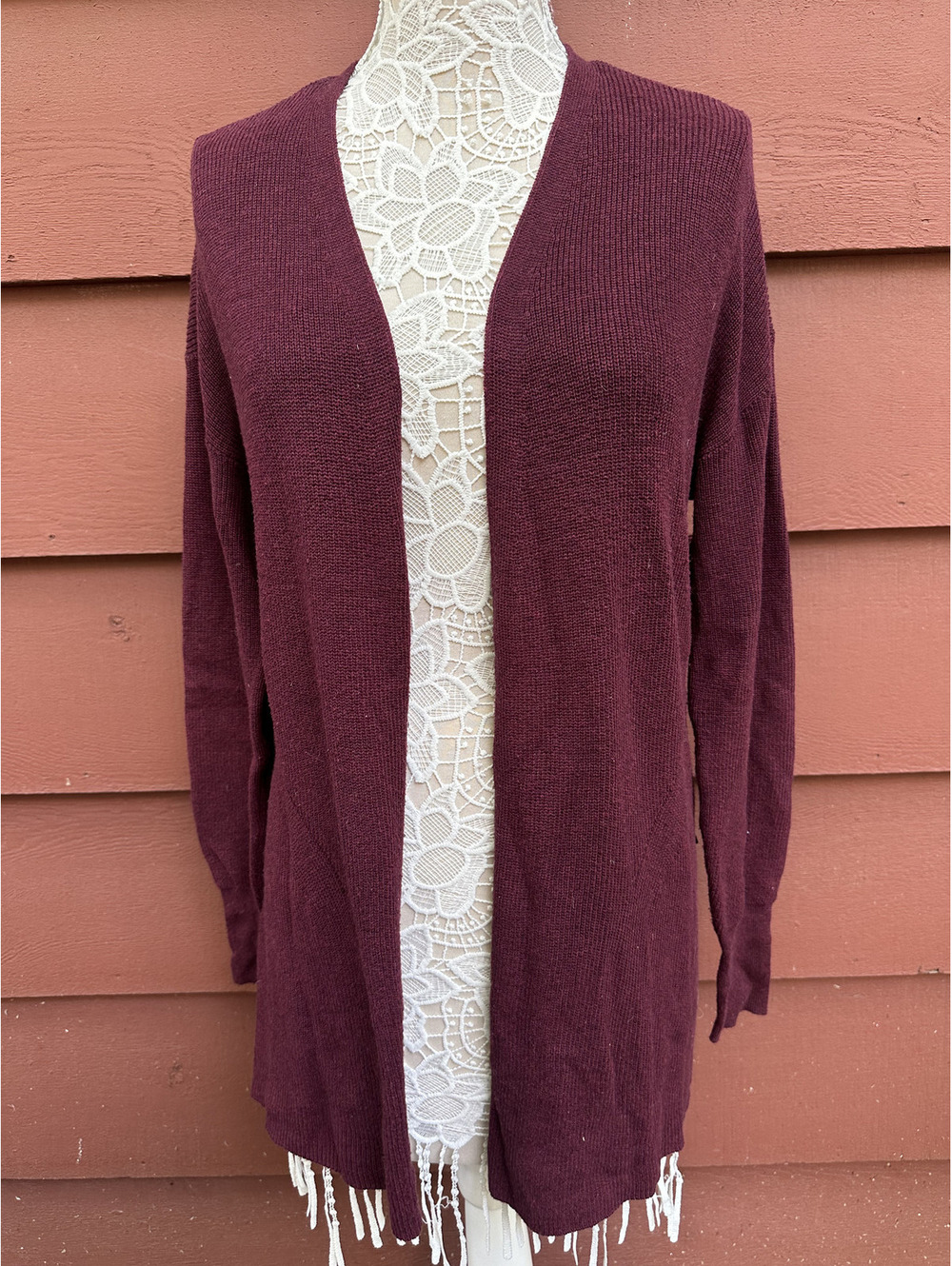 A New Day Burgundy Open Front Knit Cardigan Cozy‎ Casual Layering Sweater